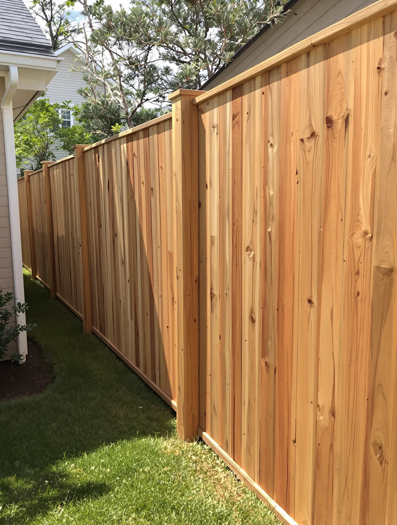 A new cedar privacy fence along a backyard lawn
