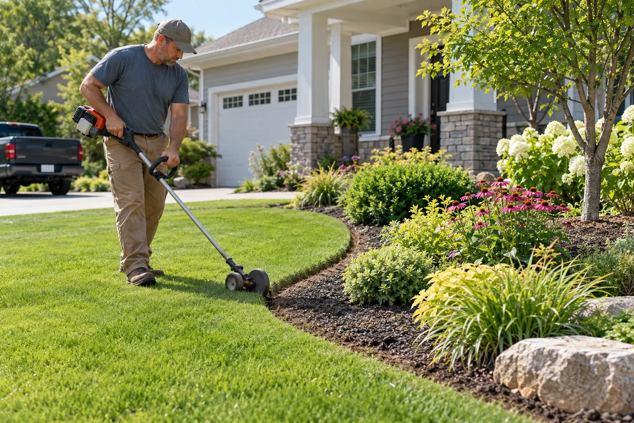 A landscaper edging a lawn beside a planted bed